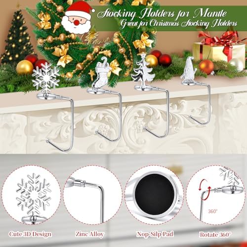 Christmas Stocking Holders for Mantel Set of 4, Non-Slip Adjustable Mantle Stocking Holders, Snowflake Snowman Reindeer Pine Tree Fireplace Stocking Hangers Set for Party Christmas Decorations - Image 5