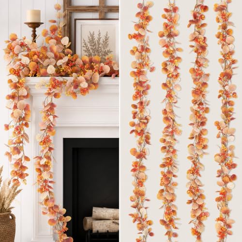 4 Pcs 6Ft Fall Eucalyptus Garland, Artificial Orange Faux Eucalyptus Plants Autumn Leaves Fake Vines for Table Home Wedding Mantle Thanksgiving Decor by Unknown