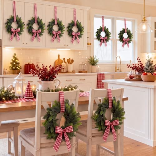 Thiccywoov 10 Pcs 9" Mini Christmas Wreaths for Cabinets with Plaid Bow - Image 2