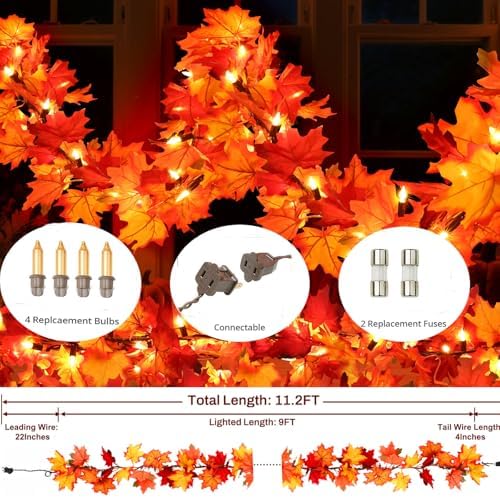 2 Pack Fall Decorations Lighted Fall Garland, 9FT 50 Count Incandescent Lights Brown Wire UL Certified Connectable Maple Leaves String Lights for Home Fireplace Mantle Thanksgiving Decor - Image 4