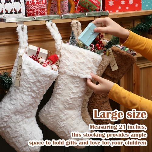 4 Pcs 21 Inch Neutral Personalized Christmas Stockings Bulk with Name Tags, Large Plush Rustic Farmhouse Xmas Stocking Modern Brown Decor for Fireplace Holiday Family(White Beige Camel Light Brown) - Image 3