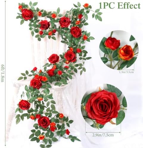 12FT Artificial Flower Garland 2 PCS Fake Red Silk Rose Vines Home Decor - Image 3