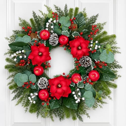 28 Inch Christmas Wreath for Front Door, Red Apples, Magnolia Winter Wreath by Hoobalon