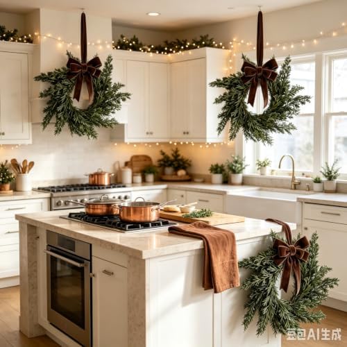 6 Pcs Small 4th of July Hanging Wreaths for Cabinets Patriotic Mini Candle Ring Wreath with Red White Blue Flowers (4, Winter Greenery Cedar Dark Brown Bow) - Image 4
