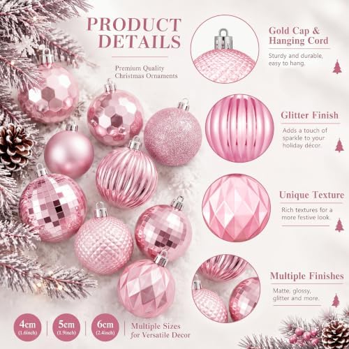 Lunmon 64 Pieces Pink Christmas Ball Ornaments Shiny Pink Xmas Bulbs - Image 4