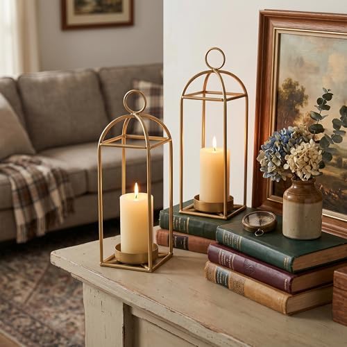 17" Outdoor Decorative Lanterns, Metal Candle Lanterns, Farmhouse Lantern Decor, Antique Gold Iron Lantern Candle Holders for Fireplace Mantel, Table Centerpiece,Home Decor - Image 4