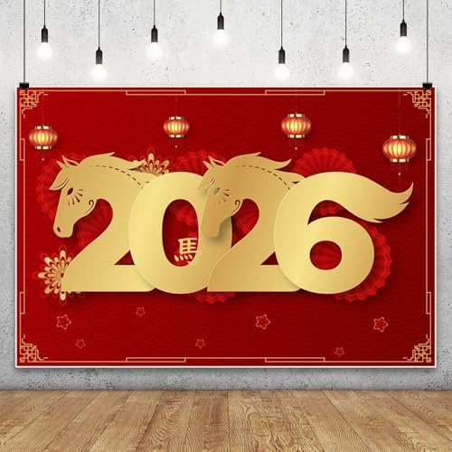 Laeacco 12x10ft Happy Chinese New Year Backdrop 2026 Year of The Horse Red and Gold Photography Background Chinese Lunar New Year Spring Festival Family Celebration Party Decoration Photo Booth Props - Image 4