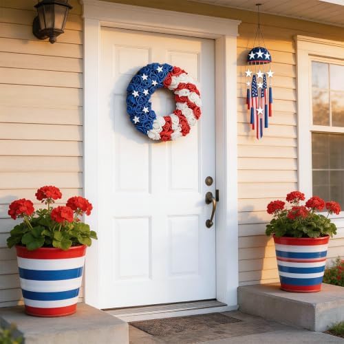 4th of July 18 Inch Wreath with Handmade Wooden Stars - Patriotic Front Door Wreath, Red White Blue American Flag Decoration for 250th Independence Day, Decor for Porch, Indoor Outdoor - Image 7