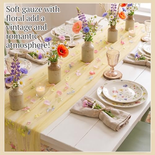 Lounsweer 3 Pcs Yellow Wildflower Table Runner 10ft Embroidery Tulle - Image 5