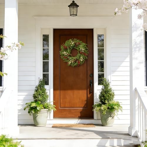 26" Norfolk Pine Wreath, Large Greenery Wreath for Front Door, Green Year Round Real Touch Artificial Greenery Wreath for Wall Porch Rustic Farmhouse Home Decor, with Lights, Red Bow, FF10 - Image 2