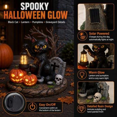 Solar Halloween Black Cat Figurine Light, Lighted Resin Cat Statue with Lantern and Pumpkin, Outdoor Garden Decor for Porch, Yard and Patio, Seasonal Landscape Decoration - Image 2