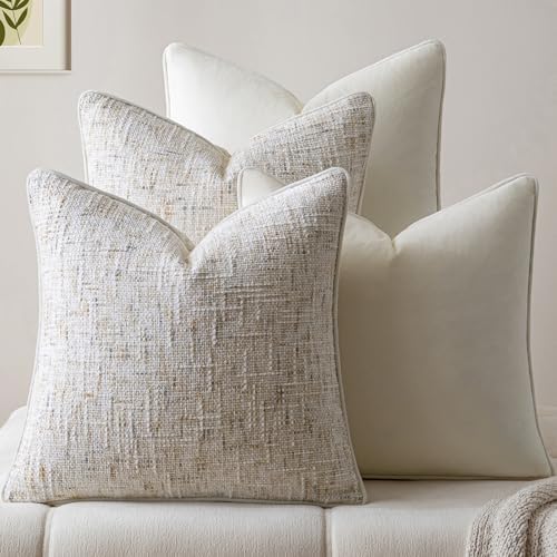 a moment Beige 4 Pack Throw Pillow Covers - Chenille & Velvet Set with Piping, Farmhouse Textured Design Pillow Cases for Couch Sofa Bed Livingroom (22x22 Inch, No Insert) by amoment