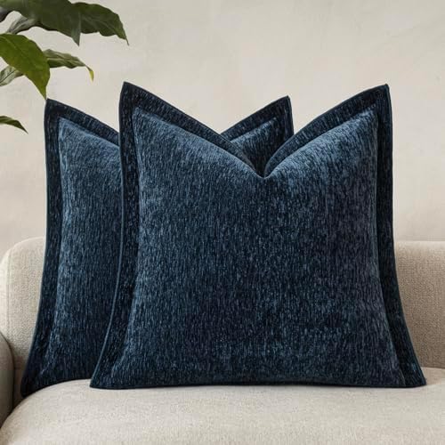 Decorative Chenille Luxury Throw Pillow Covers with Wide Edge, Textured Solid Pillowcases, Soft Velvet Cushion Cover Home Décor for Couch Sofa Chair Bed,18×18 Inch, Set of 2, Lake Blue by Unknown