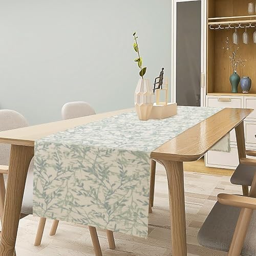 Fresh Natural Leaves Table Runner, Tropical French Country Farmhouse Blue Green Floral Leaves Holiday Kitchen Dining Table Decoration for Home Party Decor 13x120in - Image 2