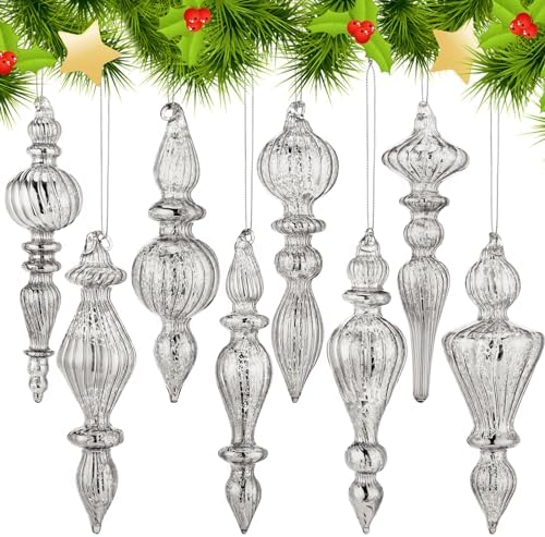 Mifoci 8 Pcs 6 Inch Mercury Glass Finial Christmas Ornaments, Silver by Mifoci