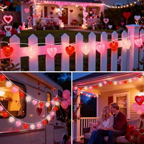 20 LED Valentine's Day Decorations Heart Lights, 12Ft Heart String Lights Outdoor Waterproof with 20 LED Red Pink White Hearts Shaped with Glitter for Room Door Windows Fence Valentines Day Decor - Image 7