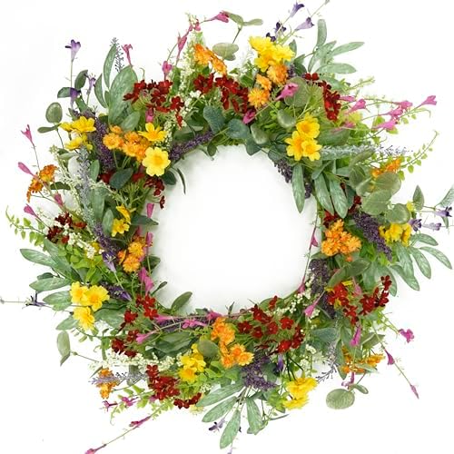 AMF0RESJ Artificial Spring Summer Wreath for Front Door Yellow Daisy Wreath with Olive Leaf,Eucalyptus Leaves for Front Door Indoor Outdoor Wall Porch Farmhouse Home Decor by AMF0RESJ
