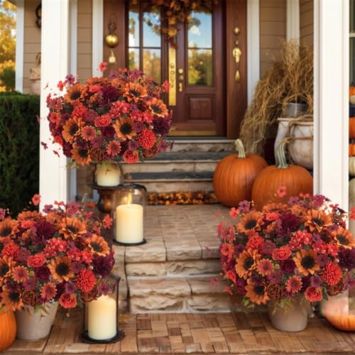 Mixed 10 Pcs Fall Artificial Sunflower Peony Bouquet, Burnt Orange Burgundy Silk Faux Flower, Autumn Faux Floral Arrangements for Wedding Table Centerpiece DIY Thanksgiving Farmhouse Outdoor Decor - Image 5