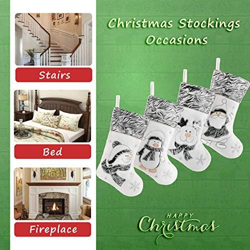 BSTAOFY Christmas Stockings Set of 4 Soft Non-Woven Patterned Santa Claus Animals Socks for Assorted Xmas Tree Hanging Decor Party Ornaments Gifts Kids, Silver - Image 5