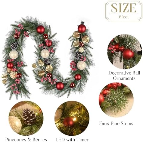 Valery Madelyn 6 Ft Christmas Garland with Lights for Mantle Red Gold - Image 6