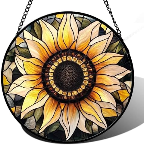 Retro Sunflower Stained Glass Window Hanging Suncatcher Gifts for Mom 15" by Follow