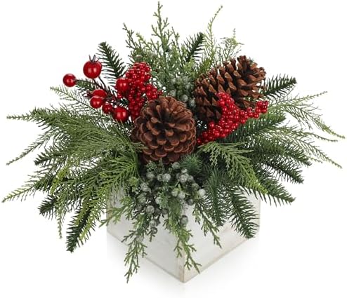 Christmas Centerpieces Table Decorations 10" Small Artificial Potted Christmas Tree Norfolk Pine Plants with Red Berry Pine Cones in Wooden Pot for Home Winter Xmas Mantel Farmhouse Indoor Decor by Hollyone