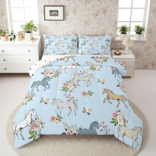 Erosebridal Horse Quilt King Size, Farmhouse Western Cowboy Cowgirls Duvet Insert for Kids Boys Girls Teens, Cartoon Kawaii Horse Bedding Set, Rustic Rose Floral Comforter Set + 2 Pillow Cases by Erosebridal