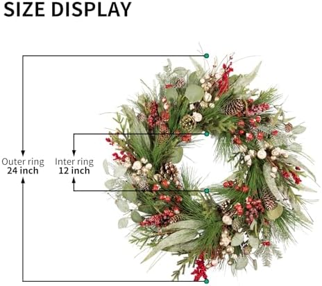 24 Inch Luxury Christmas Wreath, Full Artificial Wreath with Eucalyptus, Red & Gold Berries, Pomegranates, and Mixed Pinecones for Elegant Front Door, Porch, or Wall Holiday Decor - Image 2