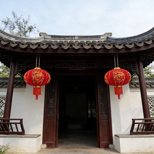 KYMY Vietnamese New Year Red Hanging Lanterns – Set of 2 Traditional Tết Spring Festival Cloth Fabric Lanterns with Gold Embroidery & Tassels, 100# Lunar New Year Indoor Outdoor Door Porch Decor - Image 3