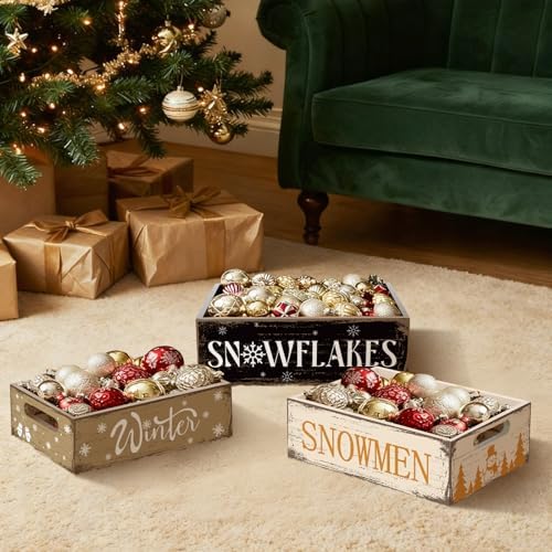 3 Pcs Christmas Wooden Crate Beige Snowman Snowflakes Holiday Box - Image 2