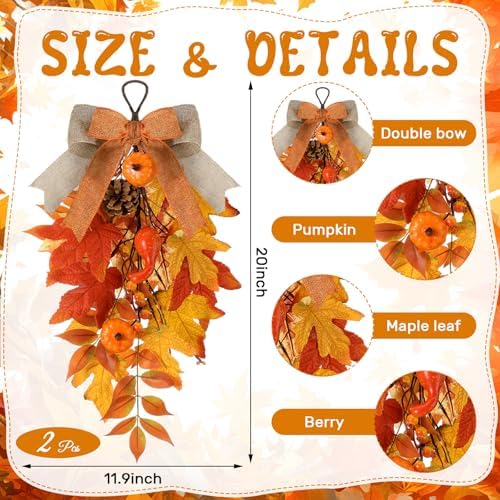 Shihanee 2 Pack 20 in Fall Teardrop Swags Autumn Front Door Decor - Image 2