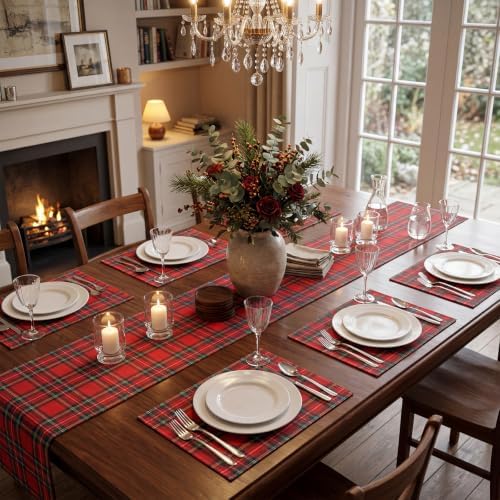 7 Pcs Christmas Tartan Plaid Table Runner and Placemat Set, Red - Image 4