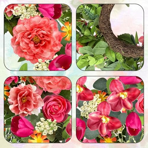 ICX 24 Inch Spring Wreaths for Front Door with Pink Peony Tulip Orchid - Image 3