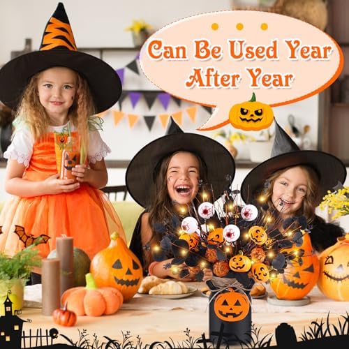 Halloween Table Deocr with 5 Pcs Artificial Pumpkin Eyeballs Eucalyptus Stems Black Iron Vase String Light and Wood Sign Halloween Centerpieces for Indoor Home Party Vase Arrangement Decorations - Image 6