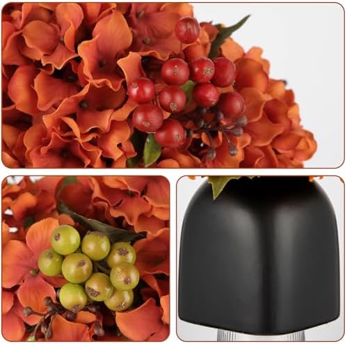 Briful Autumn Hydrangea Artificial Flowers in Black Square Ceramic Pot, Burnt Orange Silk Hydrangea Flowers Realistic Potted Fake Flowers with Berries for Home Decor Indoor Wedding Table Centerpieces - Image 3