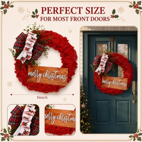 16 Inch Merry Christmas Burlap Wreath for Front Door with Buffalo Bow - Image 2