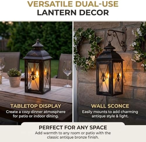 TRIROCKS Set of 2 Vintage Hanging Lantern - 13.5'' Decorative Metal & Tempered Glass Candle Holder - Ideal for Indoor/Outdoor Events, Patio, Garden, Parties Black & Gold Brush Finish - Image 4