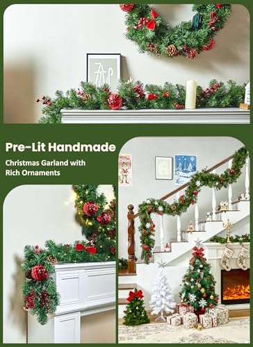 Christmas Garland with Lights, 9Ft Prelit Garland, 8 Light Modes & Timer - Image 2