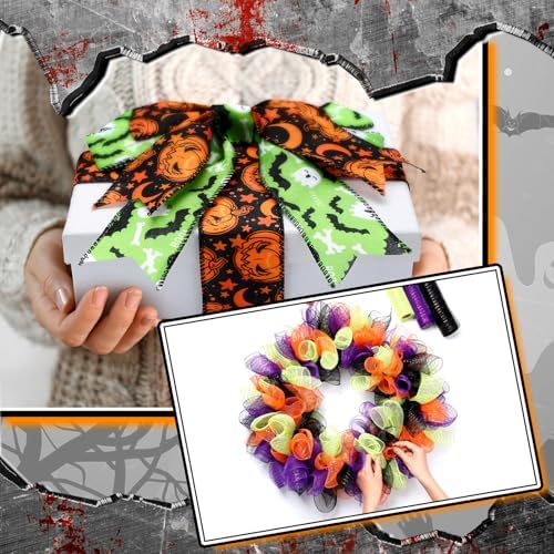 Yuefunny 10 Pcs Halloween Ribbon 4 Mesh Ribbons 6 Burlap Wired Edge Ribbons - Image 5