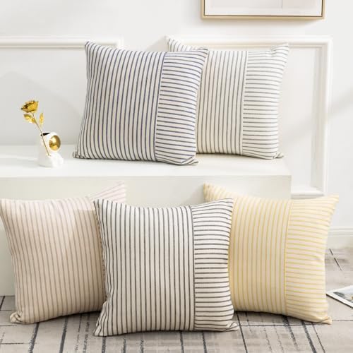 Christmas Euro Sham Pillow Covers 24x24, Modern Throw Pillow Covers Set of 2, Red and Beige Striped Patchwork Linen Decorative Pillows Cushion Covers for Bed Sofa Living Room Christmas Decorations - Image 6