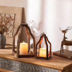 Romadedi Set of 2 Farmhouse Wood Candle Lanterns Decorative, Brown - Image 2