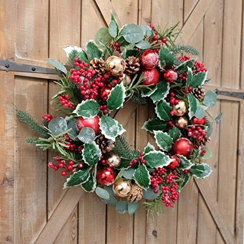 20Inch Christmas Wreath for Front Door - Winter Green Wreath with Holly, Berries, Red and Gold Christmas Balls, Eucalyptus, Pinecones, Xmas Home Decor - Image 6