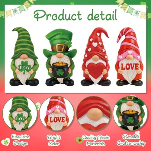 Simgoing 4 Pcs Holiday Gnomes Figurines 2 Valentines 2 St Patrick's Day Gnomes, Resin Love Heart Figurines Lucky Tabletop Decor Holiday Statues Centerpieces for Spring Home Table Tiered Tray Fireplace - Image 3