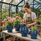 Hollyone Set of 3 Blue Ceramic Planter 6 Inch Flower Plant Pot with Drainage Hole and Saucer for Plants Embossed Indoor Outdoor Garden Embossed Ceramic Glazed Round Pot for Succulent Orchid - Image 6