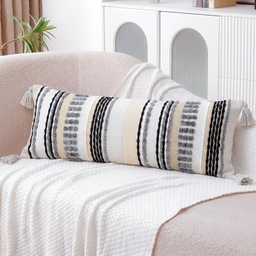 NUYECY Chenille and Cotton Long Pillow for Bed, Striped Textured Boho Lumbar Throw Pillow Cover 16x36, Neutral Accent Decorative Extra Long Body Pillow Case for Couch, Sofa, Bedroom, Grey - Image 4