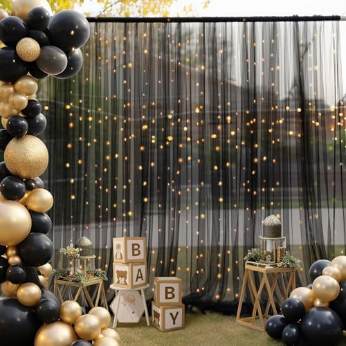 10x10ft Black Tulle Backdrop Curtain with Lights String for Parites, Sheer Photo Backdrop Drapes for Wedding Baby Shower Birthday Party Photo Shoot Decorations - Image 2