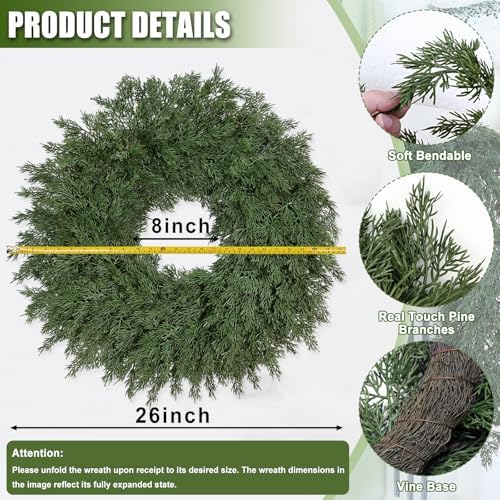 26" Real Touch Christmas Cedar Wreath, Realistic Pine Wreath - Image 2
