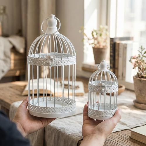 Vela Lanterns Decorative Indoor Birdcage Candle Holder Set of 2, White - Image 4