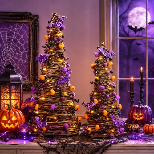 2Pa Lighted Halloween Tabletop Tree,Purple Pumpkin Halloween Decor【Timer】 - Image 3