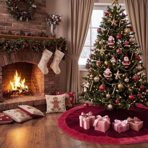 Skylety 48" Velvet Christmas Tree Skirt with Faux Fur Trim,Red - Image 4